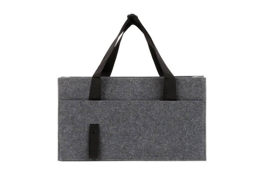A grey felt organizer bag with black straps and a front pocket, featuring a logo.