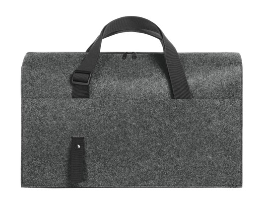 A grey organiser bag with a sturdy black handle and adjustable strap, featuring a simple design and a logo.