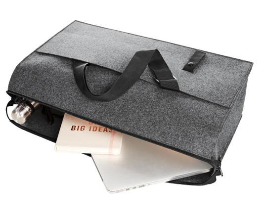 A grey organiser bag with a zip, featuring a drink bottle, laptop, and notebook inside. It has a logo on the exterior.