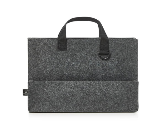 A grey felt bag with two handles and a front pocket, featuring a branding logo.