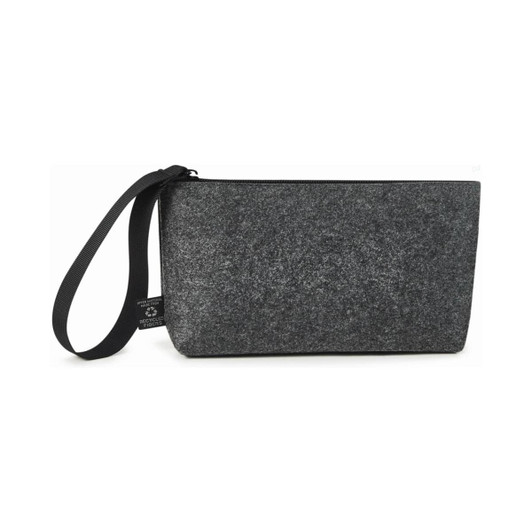 A sleek grey zipper bag with a black strap, featuring a simple design and a branding logo.
