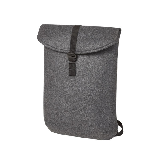 A grey felt backpack featuring a fold-over flap and a buckle closure, with adjustable straps at the back.