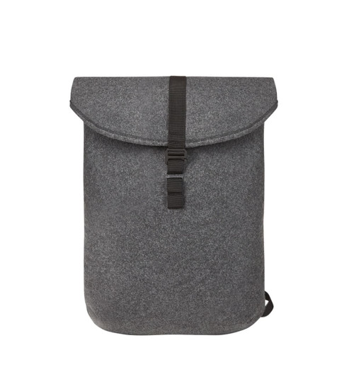 A grey felt backpack with a flap closure and a buckle strap, featuring a simple design and a logo.
