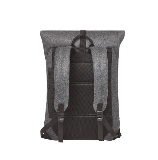 A grey backpack with black straps and a textured back panel. It features a logo on the front.