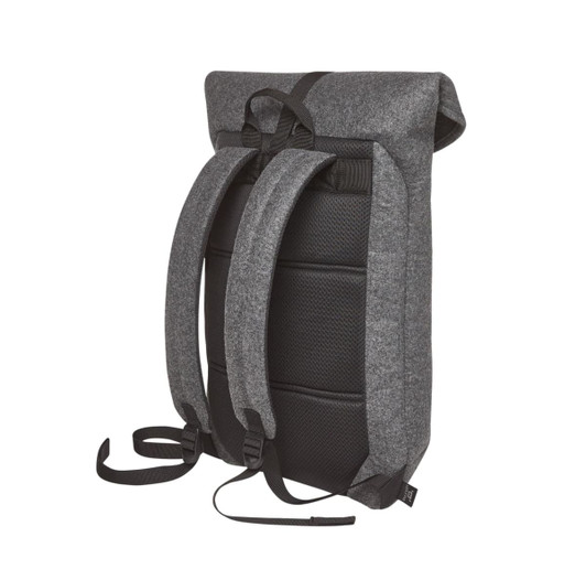A grey backpack featuring padded shoulder straps and a textured back panel. It has a simple, modern design and includes branding.