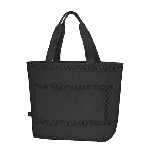 A black tote bag with sturdy straps and textured detailing, featuring a logo.