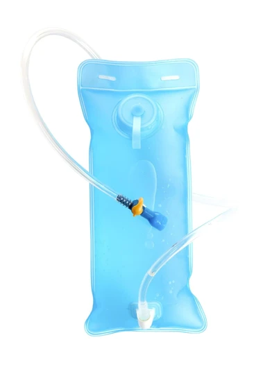A blue drink bottle with a tube and nozzle for dispensing liquid, featuring a logo on its surface.