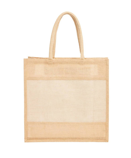 A natural beige tote bag with sturdy handles, featuring a plain panel and a logo on the front.