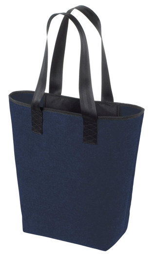 A navy blue tote bag with black handles, featuring a simple design and a logo on the side.