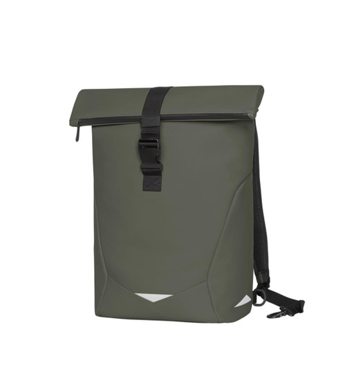 A green backpack with a roll-top closure and adjustable straps, featuring a logo on the front.