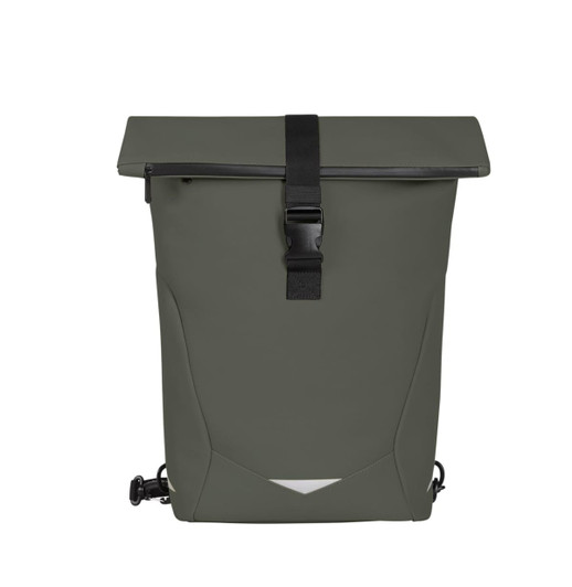 A green waterproof backpack featuring a roll-top design and adjustable straps, with a buckle closure and logo.