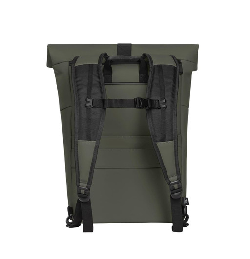A green backpack with adjustable black straps and a roll-top design, featuring a simple branding logo.