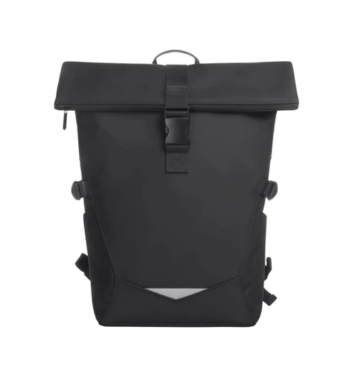 A black laptop backpack with a roll-top closure, featuring adjustable straps and a minimalist design.
