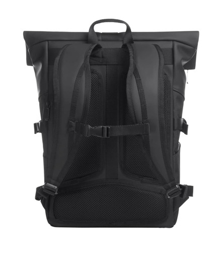 A sleek black laptop backpack with padded straps and mesh back support features, designed for comfort and practicality.