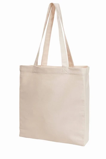 A beige reusable grocery bag with two long handles and a simple design. It has a logo on one side.