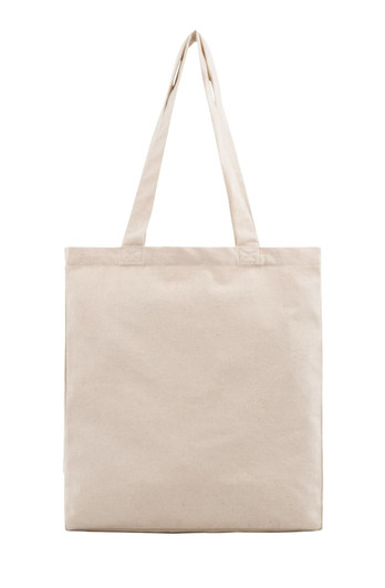 A reusable grocery bag in a natural beige colour with two shoulder straps and a simple design.