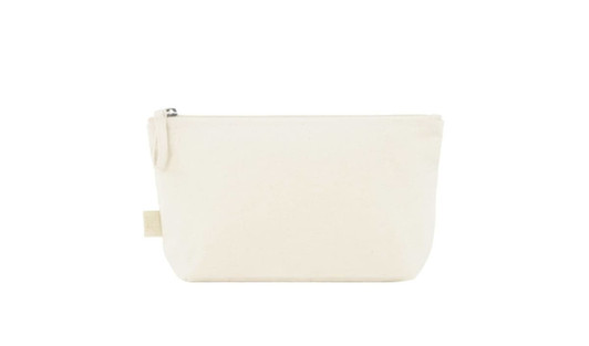 A natural-coloured organic zipper bag with a simple design and a zip closure. It features a small tag on the side.