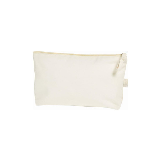 A beige organic zipper bag with a smooth fabric texture and a zip closure, featuring a small tag.