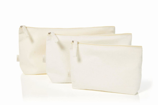 Three off-white organic zipper bags of varying sizes, each with a zip closure and one featuring a logo.