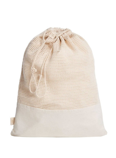 A cream-coloured reusable produce bag with a drawstring closure and a plain base. It has a logo on the side.