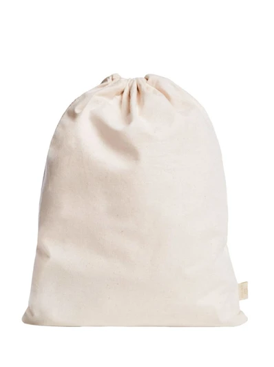 A cream-coloured reusable produce bag with a drawstring closure and a small tag at the bottom.