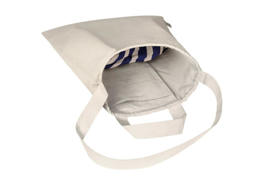 A natural-coloured organic drawstring tote bag with an interior striped lining and a single strap.