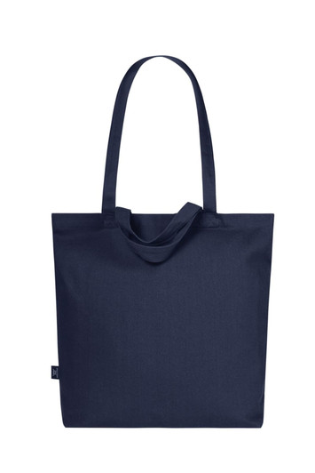 A navy blue tote bag with long handles and a simple design. It has a logo on it.