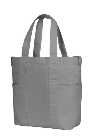A grey tote bag with two long handles and multiple pockets on the front, featuring a logo.