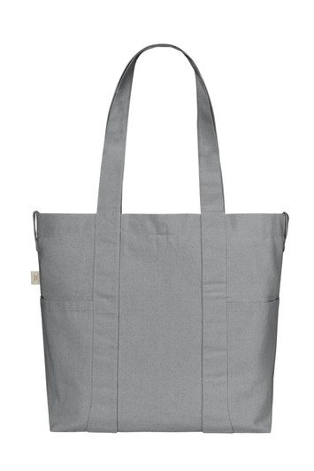 A grey tote bag with two sturdy handles and multiple pockets, featuring a logo.