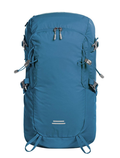 A blue outdoor backpack with adjustable straps and multiple compartments. It features a logo on the front.