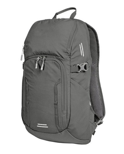 A grey outdoor daypack featuring reflective elements, multiple compartments, and adjustable straps. It has a logo present.
