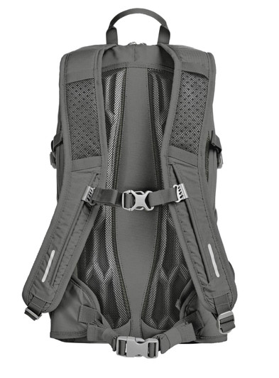 A grey outdoor daypack with adjustable straps and mesh ventilation panels on the back. It has a logo on the front.