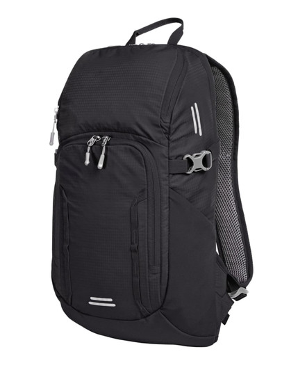 A black outdoor daypack with multiple zippered compartments and a mesh interior, featuring reflective details and a logo.