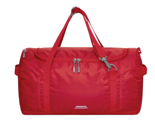 A red outdoor sports bag features multiple straps, zippered pockets, and a logo. Ideal for carrying gear.