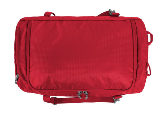 A red outdoor sports bag with multiple compartments and a shoulder strap. It features a logo.