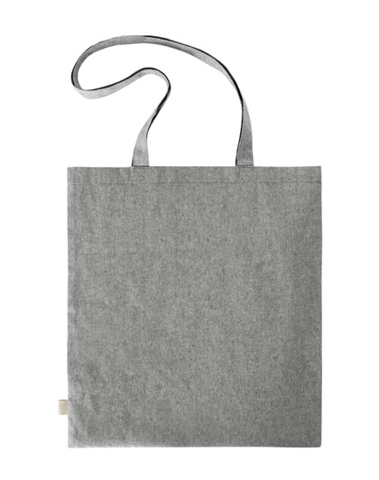 A grey reusable grocery bag with two shoulder straps and a simple design. It features a small logo.