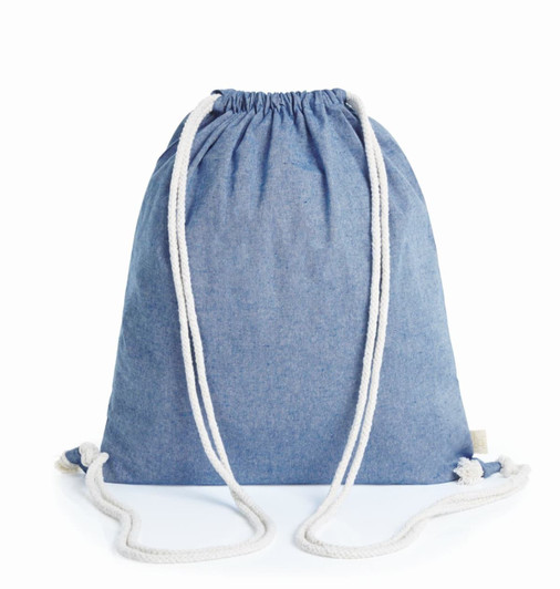 A blue drawstring bag with white cords and a small logo tag.