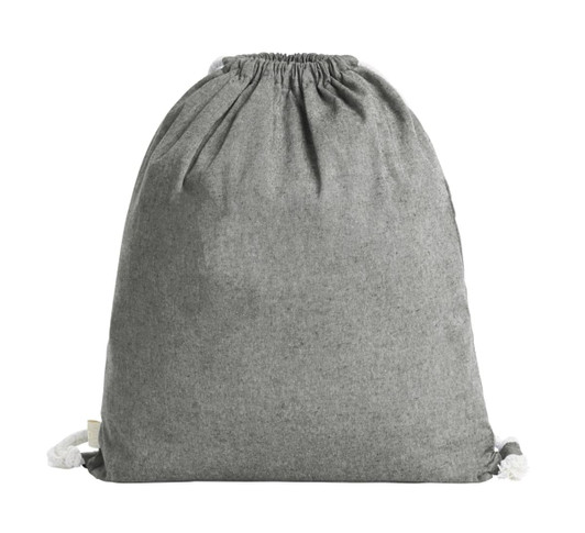 A grey drawstring bag with a cinched top and tassel accents. It features a logo on the side.