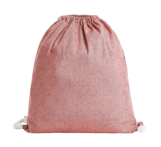 A drawstring bag in a soft red hue with a textured appearance and a logo on the side.