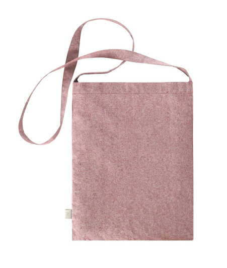 A pink tote bag with a long strap and a simple design, featuring a logo on the side.
