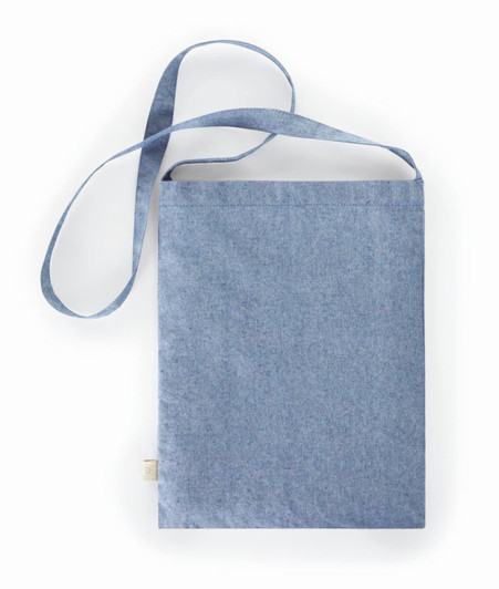 A blue tote bag with a long strap and a simple design, featuring a small logo on the side.