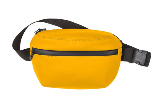 A yellow bum bag with a sleek design, featuring a black zip and adjustable strap. It also has a logo on the front.