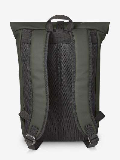 A green laptop backpack featuring padded, adjustable straps and a structured design. The back is sleek and minimalist.