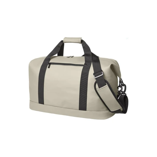 A light grey duffle bag with black straps and a detachable shoulder strap, featuring a front zip pocket and a logo.