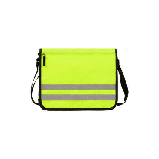 A bright yellow shoulder bag featuring reflective stripes and a zipper closure, with a black trim and adjustable strap.