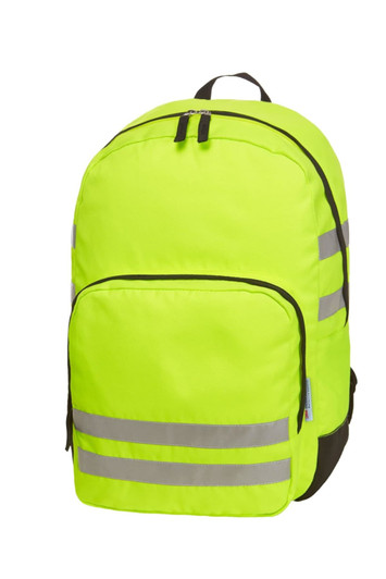 A bright yellow backpack with reflective stripes and a dark base, featuring a zippered front pocket and a logo.