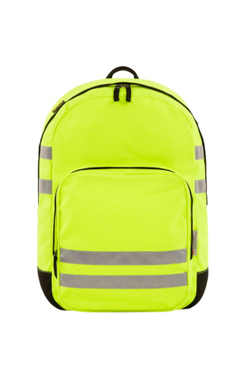 A bright yellow backpack featuring reflective stripes and a front pocket, with a logo on it.