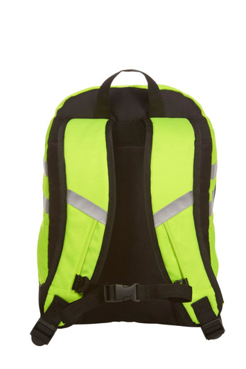 A bright yellow and black backpack with reflective stripes and adjustable straps. It features a logo on the front.
