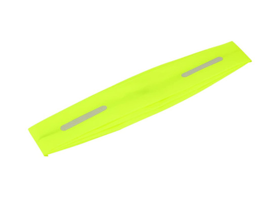 A bright yellow rain cover with reflective strips and a logo.