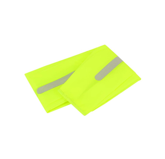 A bright yellow rain cover with reflective strips, folded flat on a white background. It features a logo on the surface.